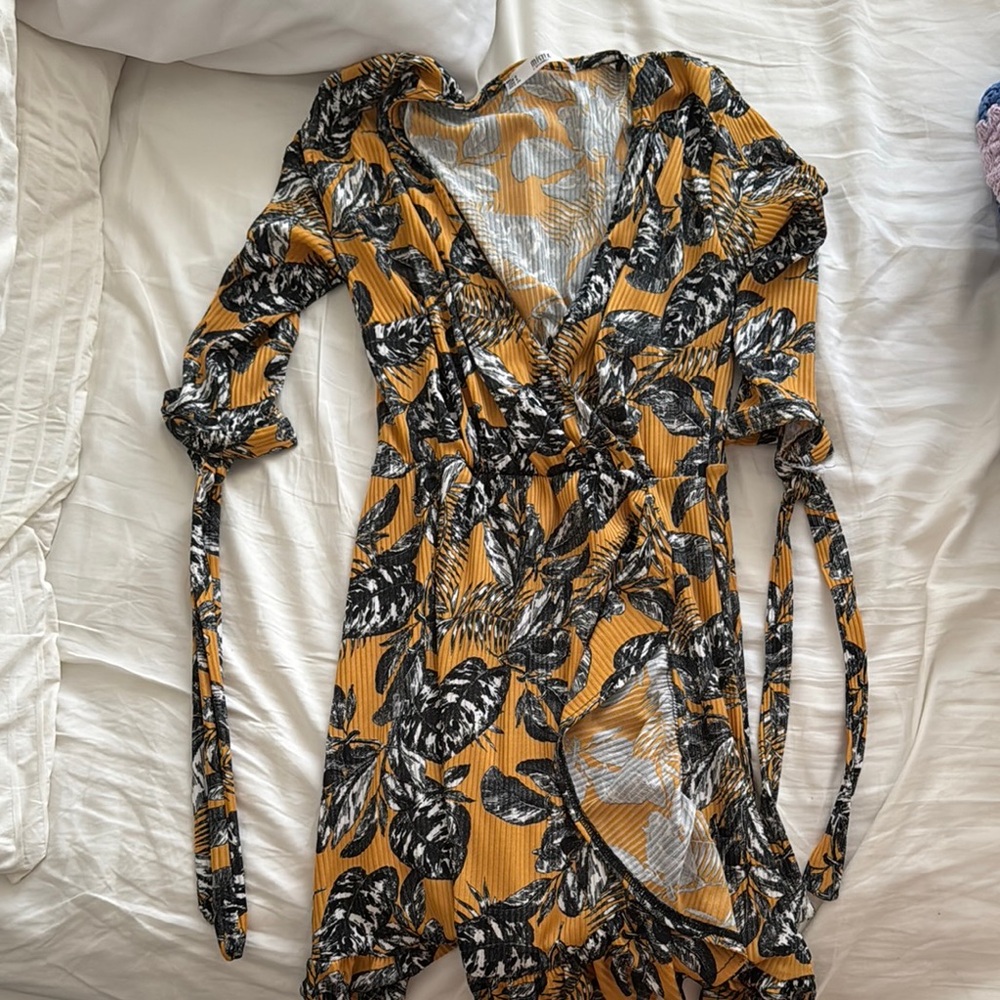 Floral Wrap Dress in Mustard and Black